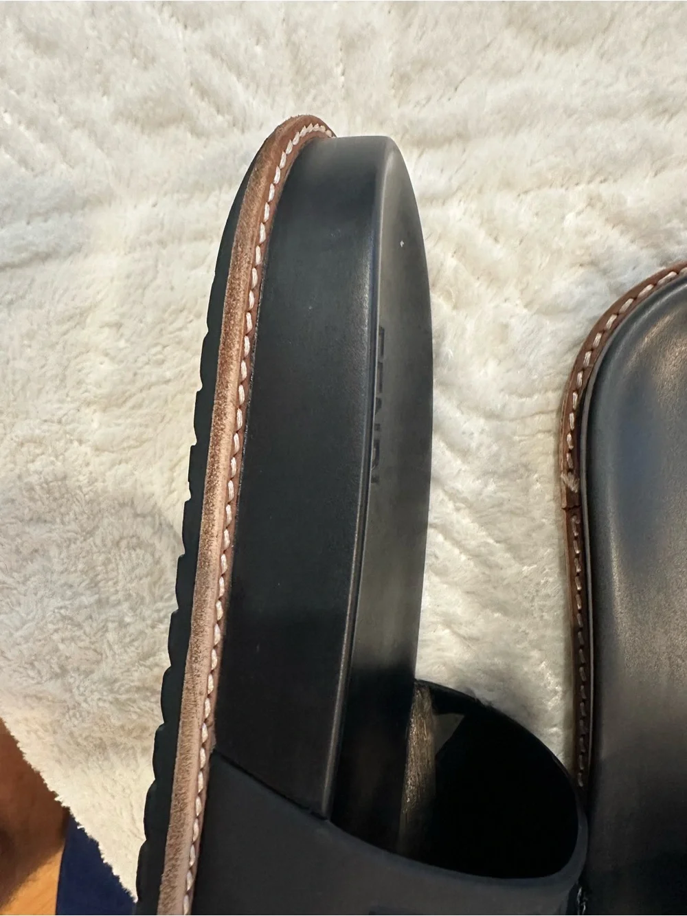 Fendi Black Rubber Logo Slide Sandals with Brown Trim